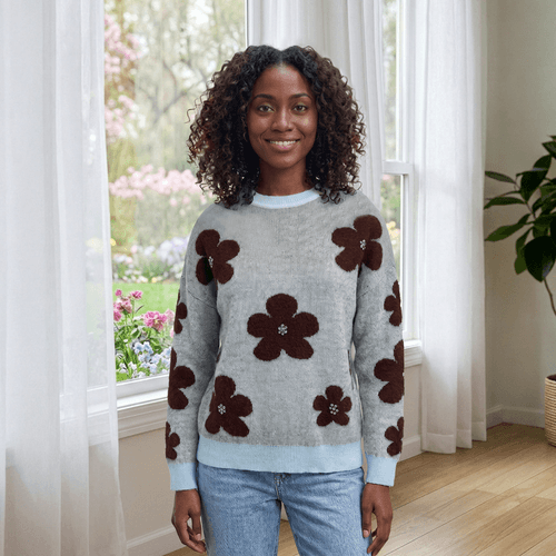 Womens Nanette Lepore Long Sleeve Floral Rhinestone Sweater